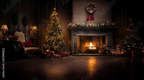 a Christmas tree in front of the fireplacee, dessert, Generative Ai