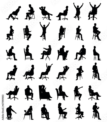 Collection of vector illustrations of silhouettes of men and women sitting on chairs