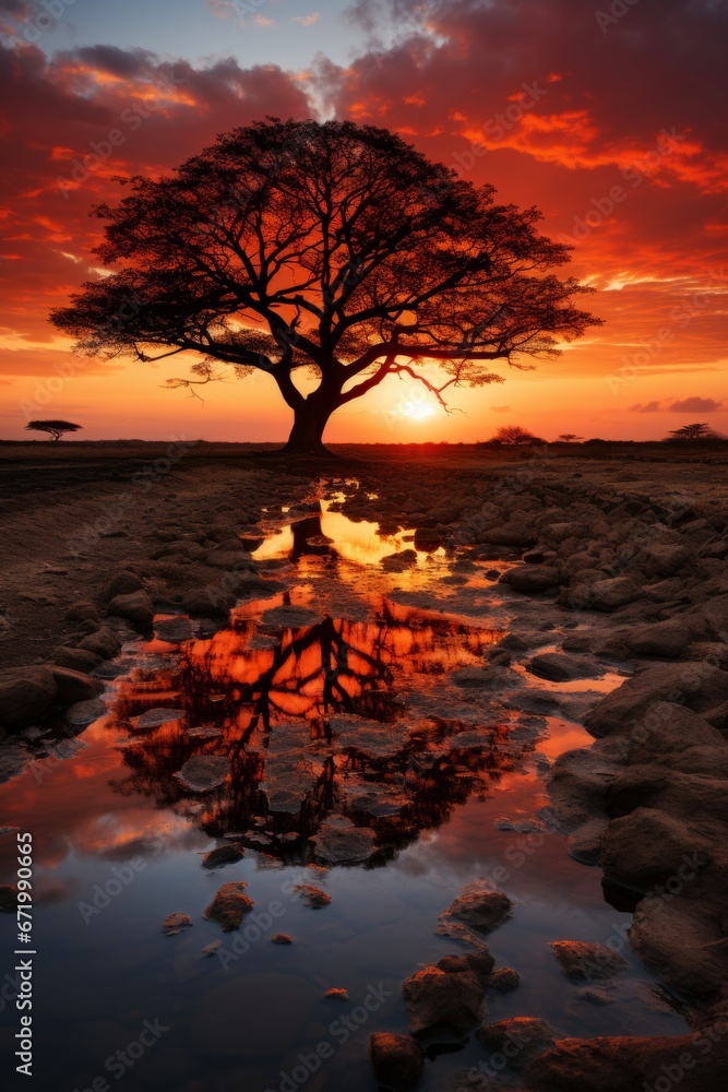 Breathtaking African sunset over the savannah, Generative AI