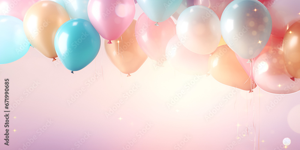Balloons for party decoration birthday party background with decoration balloon,  Festive background with colorful balloons and confetti, Colorful balloons on pastel color background. generative AI
