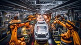 an assembly line in a factory where robots are welding a car body. The scene captures the precision and efficiency of modern industrial automation.close up