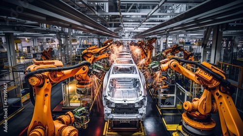 an assembly line in a factory where robots are welding a car body. The scene captures the precision and efficiency of modern industrial automation.close up