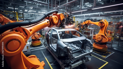 portrays an industrial robot arm in a factory, meticulously working on a car body. The scene encapsulates the precision of modern automation technology in car manufacturing.close up © พงศ์พล วันดี