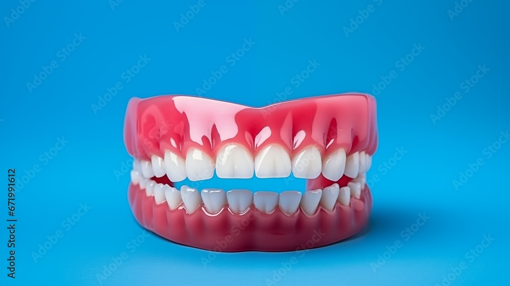 A Set of Dentures. Dental Prosthesis Isolated on Blue. Perfect for Dental Health and Dentistry Concepts. A Set of Dentures. Dental Prosthesis Isolated on Blue. Perfect for Dental Health and Dentistry Concepts.