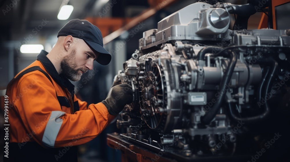 a worker in an orange uniform, inspecting an engine in a factory. The worker is using a tool and is surrounded by machinery.close up a worker in an orange uniform, inspecting an engine in a factory. The worker is using a tool and is surrounded by machinery.close up
