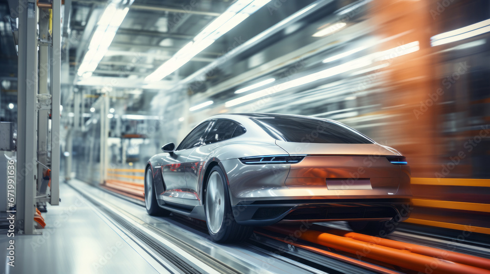 a silver car on an assembly line in a modern, high-tech factory. The car is moving quickly, indicating efficient production and advanced automation.close up