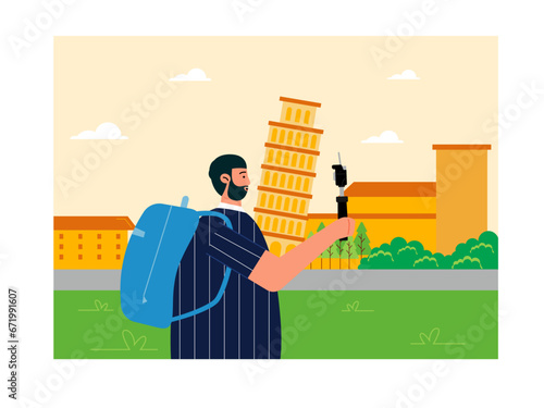 Man visiting the tower of Pisa. Trip and vacation illustration.