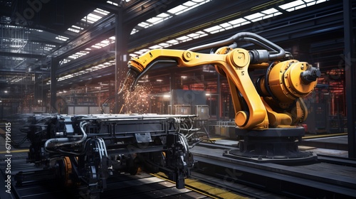 a robot arm in a factory, welding a metal frame. The arm, mounted on a rail track, is surrounded by machinery and sparks fly from the welding process. © พงศ์พล วันดี