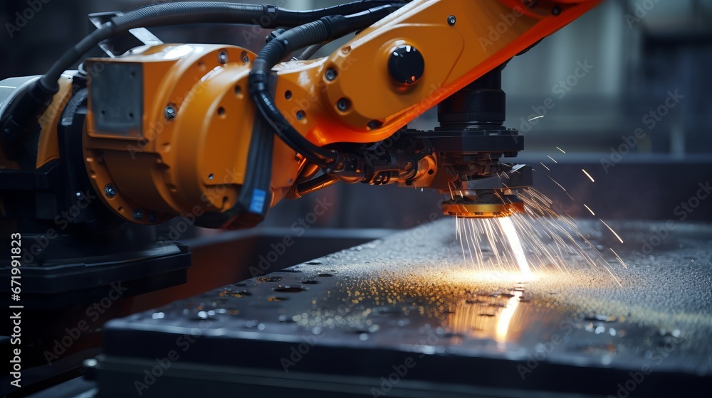 An industrial robot arm cuts metal with sparks, showing precision and accuracy in manufacturing.close up