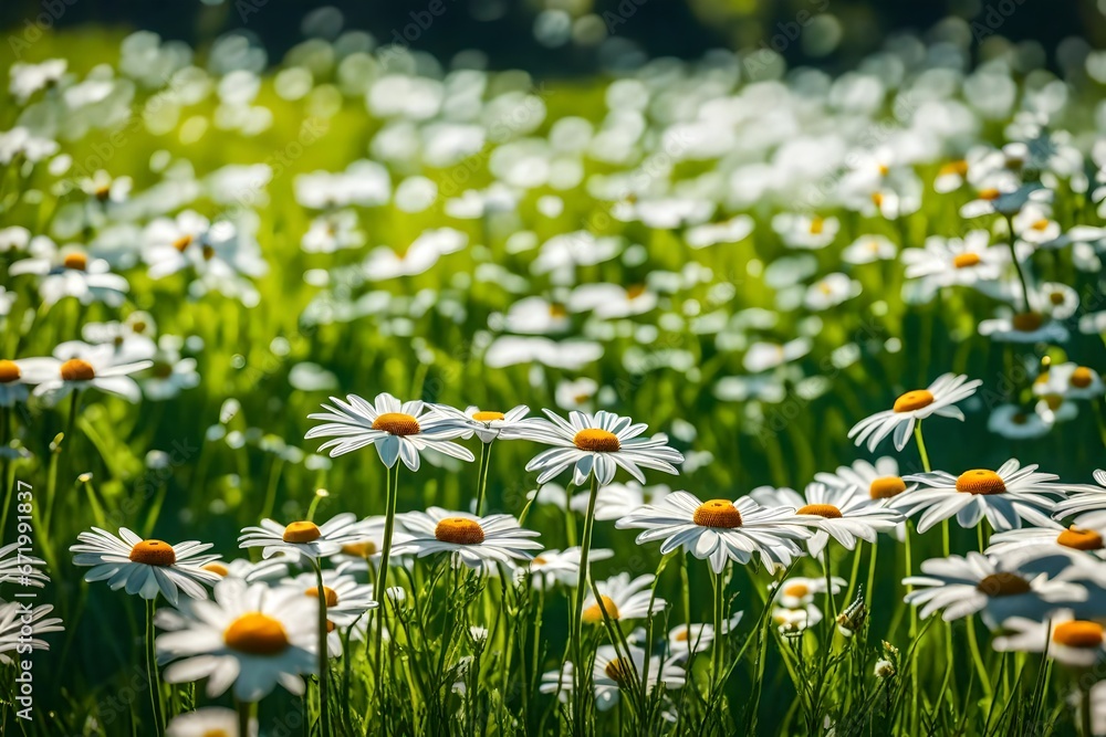 A close-up of neatly mowed grass in a serene public park, with daisies and other wildflowers, the soft blue sky in the background