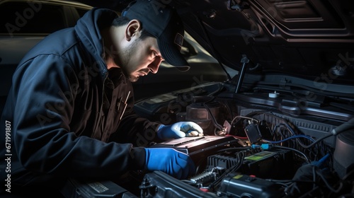 A mechanic works on a car engine in a garage, using tools and skills to repair and maintain the vehicle.close up photo