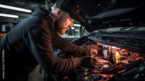 A person in a black hoodie works on a car engine in a garage, using tools and troubleshooting the vehicle’s problems. close up