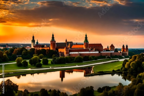 A panoramic view of the Wawel Castle in Krakow, Poland, set against a vibrant sunset sky, with the Vistula River gently flowing by, exuding a sense of historical grandeur and cultural significance photo
