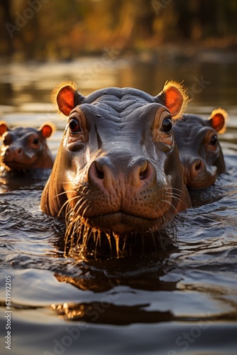 Family of hippos wallowing in a watering hole, Generative AI © Shooting Star Std