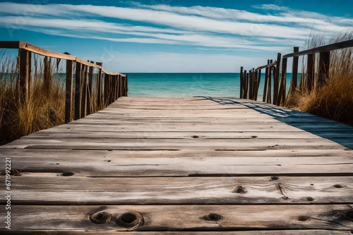 A weathered wooden boardwalk leading into the horizon  with the vast blue sky as the backdrop