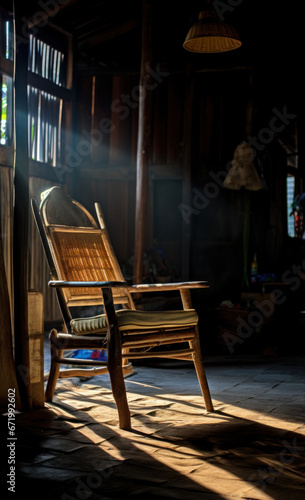 a black chair with bright sunlight shining towards it, in the style of rural life depictions