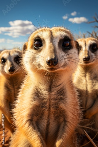 Group of meerkats standing guard in the arid landscape, Generative AI