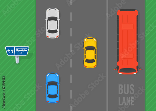 Safe driving tips and traffic regulation rules. Top view of a traffic flow on road and contraflow bus lane. Flat vector illustration template.