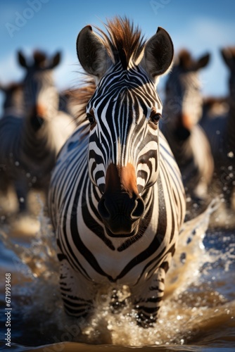 Group of zebras crossing a river on their migration  Generative AI