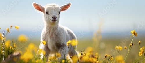 A young goat with a white coat is positioned on fresh verdant turf adorned with vibrant yellow blooms © 2rogan