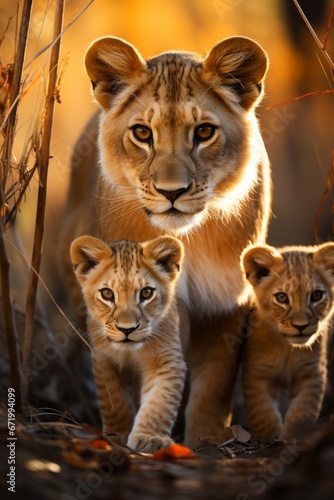 Lioness and her cubs in their natural habitat, Generative AI