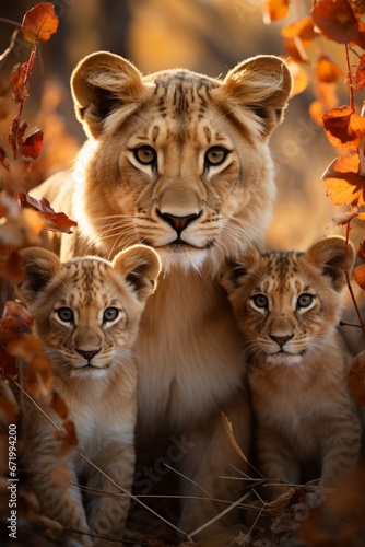 Lioness and her cubs in their natural habitat  Generative AI