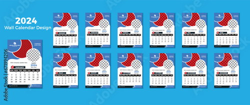 Modern Vector 2024 wall calendar Design template, week starts Monday, set of 12 months, 12 pages