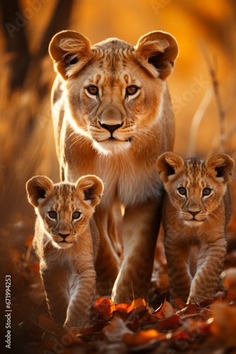 Lioness and her cubs in their natural habitat, Generative AI
