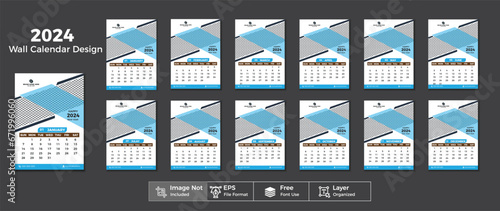 Corporate Business Wall Calendar Design template 2024 For Business or Office.