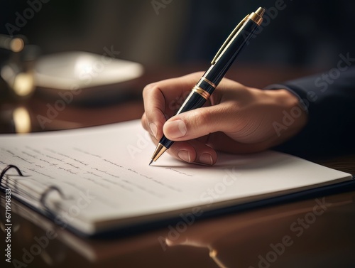 Hand holding a pen and writing in a blank notepad on a wooden table AI