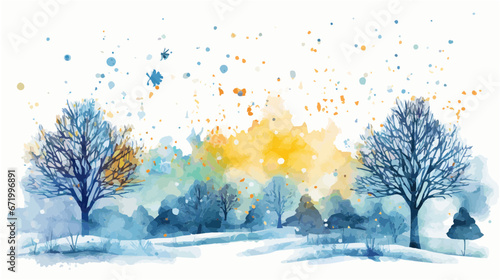 Watercolor winter forest landscape with trees background design