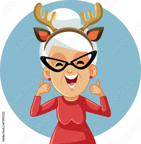 Elderly Woman Wearing Reindeer Antlers Celebrating Christmas Vector Character. Senior lady celebrating winter holidays keeping optimistic 
