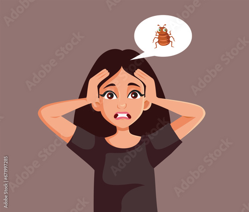 Adult Woman Dealing with a Lice Problem Vector Cartoon illustration. Girl with pediculosis having an itchy scalp 
