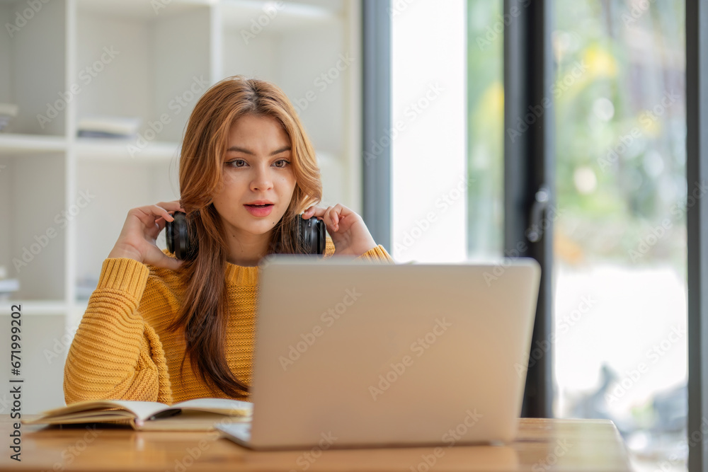 Asian girl student online learning class study online video call zoom teacher, Happy asian girl learn english language online with computer laptop. Asian girl student online learning class study online video call zoom teacher, Happy asian girl learn english language online with computer laptop.
