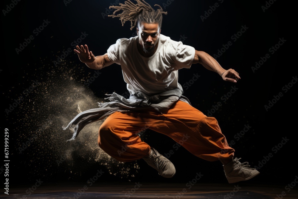 Capoeirista in mid-air during a spinning kick, Generative AI