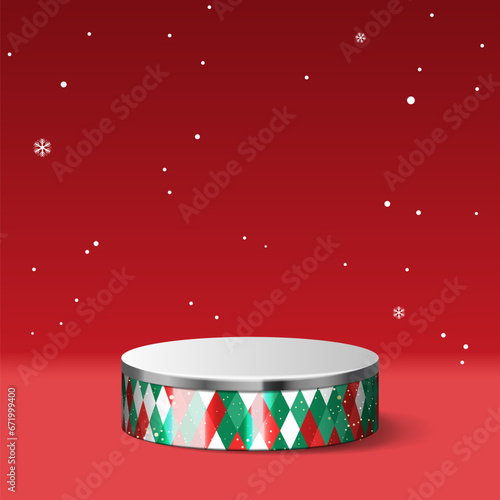 Abstract minimal mock up scene. seamless pattern and grey metal podium for show cosmetic product display. stage pedestal or platform. winter Christmas red background with snowflakes. 3D vector