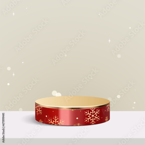 Abstract mock up scene. snowflakes seamless pattern red and gold metal podium for show cosmetic product display. stage pedestal or platform. winter Christmas white background. 3D vector