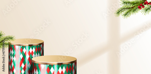 Abstract mock up horizontal scene. seamless pattern and gold metal podium for show cosmetic product display. stage pedestal or platform. winter Christmas red background with window light. 3D vector