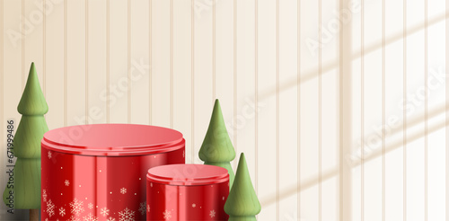 Abstract mock up horizontal scene. snowflakes seamless pattern and gold metal podium for show cosmetic product display. stage pedestal or platform. winter Christmas red background. 3D vector