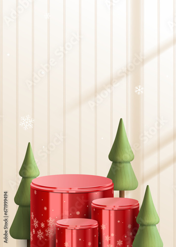 Abstract mock up vertical scene. snowflakes seamless pattern and gold metal podium for show cosmetic product display. stage pedestal or platform. winter Christmas red background. 3D vector