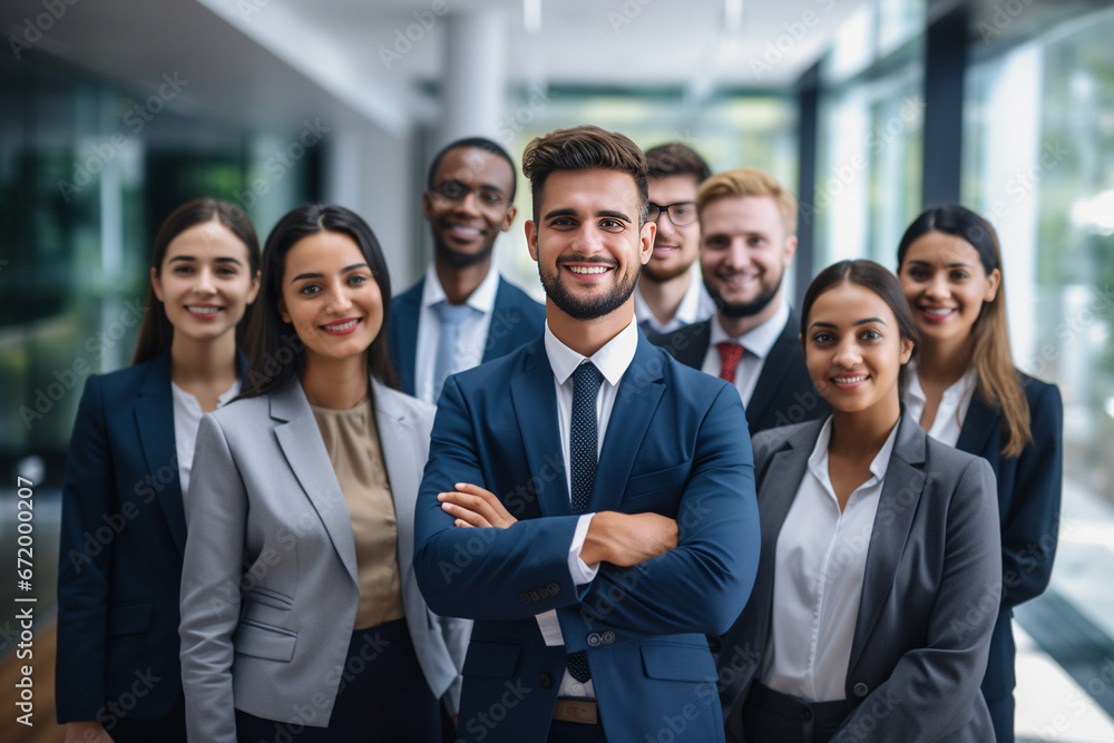 The high-achieving business team celebrates their success in a well-lit environment, arranged by department for a group photo. Generative AI. The high-achieving business team celebrates their success in a well-lit environment, arranged by department for a group photo. Generative AI.