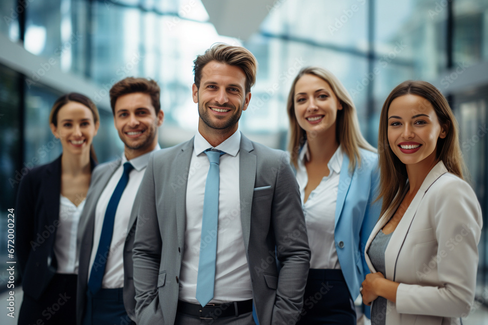 The high-achieving business team celebrates their success in a well-lit environment, arranged by department for a group photo. Generative AI. The high-achieving business team celebrates their success in a well-lit environment, arranged by department for a group photo. Generative AI.