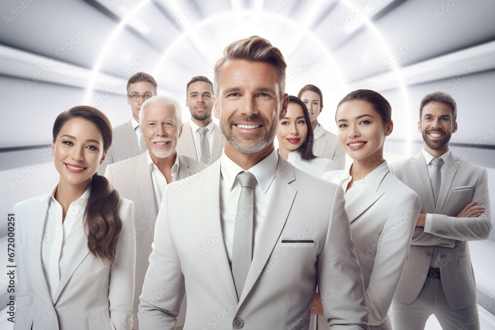 The high-achieving business team celebrates their success in a well-lit environment, arranged by department for a group photo. Generative AI. The high-achieving business team celebrates their success in a well-lit environment, arranged by department for a group photo. Generative AI.