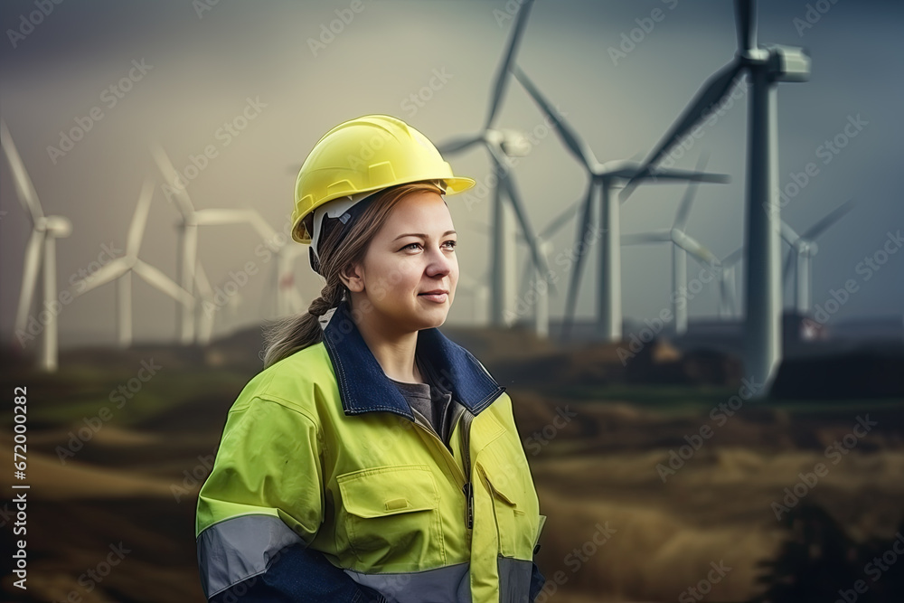 Portrait young caucasian engineer woman checking and examining windmill generator power wind for renewable, electricity power with sustainable, technician and technology, generative ai. Portrait young caucasian engineer woman checking and examining windmill generator power wind for renewable, electricity power with sustainable, technician and technology, generative ai.