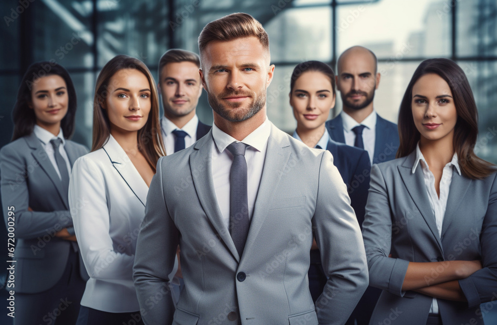The high-achieving business team celebrates their success in a well-lit environment, arranged by department for a group photo. Generative AI. The high-achieving business team celebrates their success in a well-lit environment, arranged by department for a group photo. Generative AI.