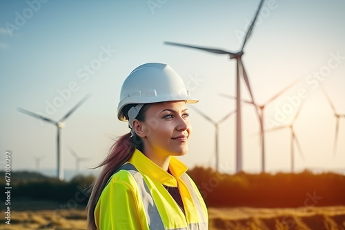 Portrait young caucasian engineer woman checking and examining windmill generator power wind for renewable, electricity power with sustainable, technician and technology, generative ai. © Sitti