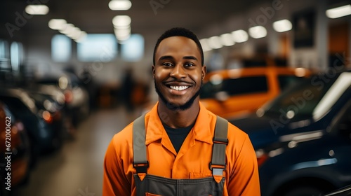 Photo of african american professional mechanic smiling. With cars parked in the background out of focus