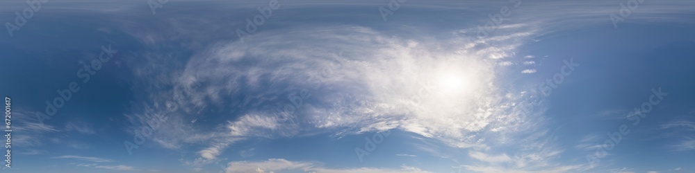 Blue summer 360 panorama of sky with clouds, no ground, in spherical equirectangular format for easy use in 3D graphics and aerial or ground composites, seamless and suitable for sky replacement. Blue summer 360 panorama of sky with clouds, no ground, in spherical equirectangular format for easy use in 3D graphics and aerial or ground composites, seamless and suitable for sky replacement.