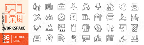 Workspace editable stroke outline Icons set. Office chair, computer, manager, workspace, brainstorm, management and presentation. Vector illustration photo