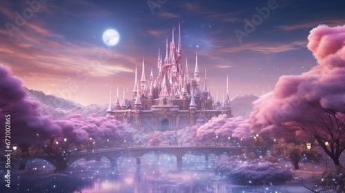 Majestic castle with gleaming spires under radiant moonlight amidst pink-hued clouds. Fantasy kingdom.